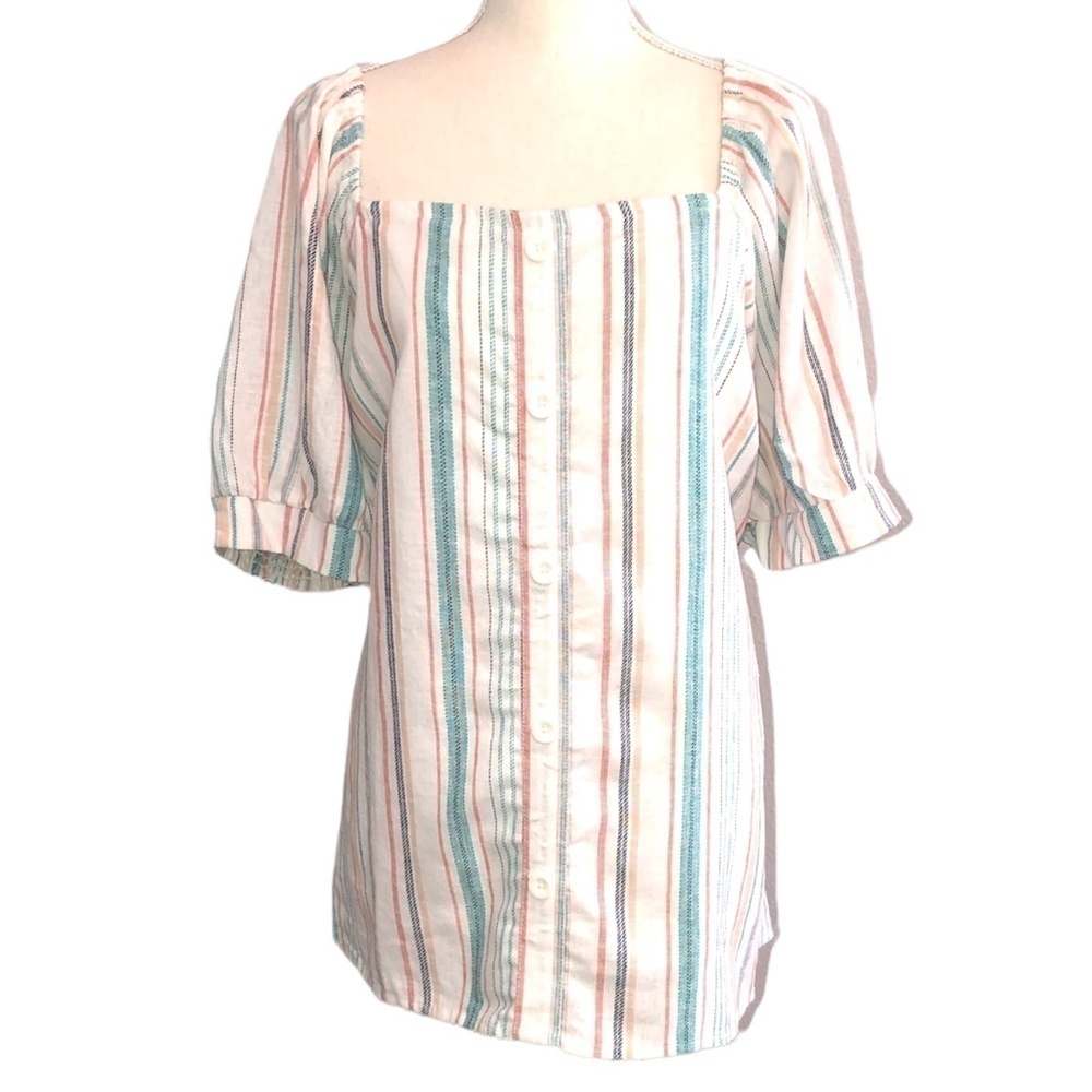 LANE BRYANT Blouse Women's Size 22 White Linen Striped Square Neck NWT